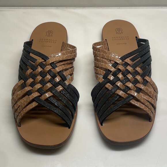 Brunello Cucinelli Leather Colorblock Pattern Slides Sz 7 / IT 37 - Picture 1 of 10